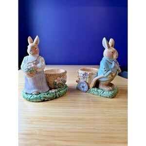 Avon Springtime Bunny Votive Candle Holders Set Easter Rabbit Ceramic 5.5”